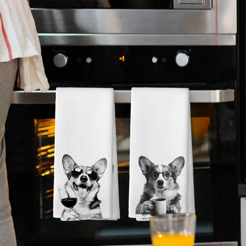 Mcehtle Funny Corgi Kitchen Towels Set of 2, Funny Dog Kitchen Accessories, Coffee Station Wine Bar Decor, Dog Chef Gift Hand Towel, Dining Room Decorative Tea Towel Dish Towels 16x24 Inch - Image 2